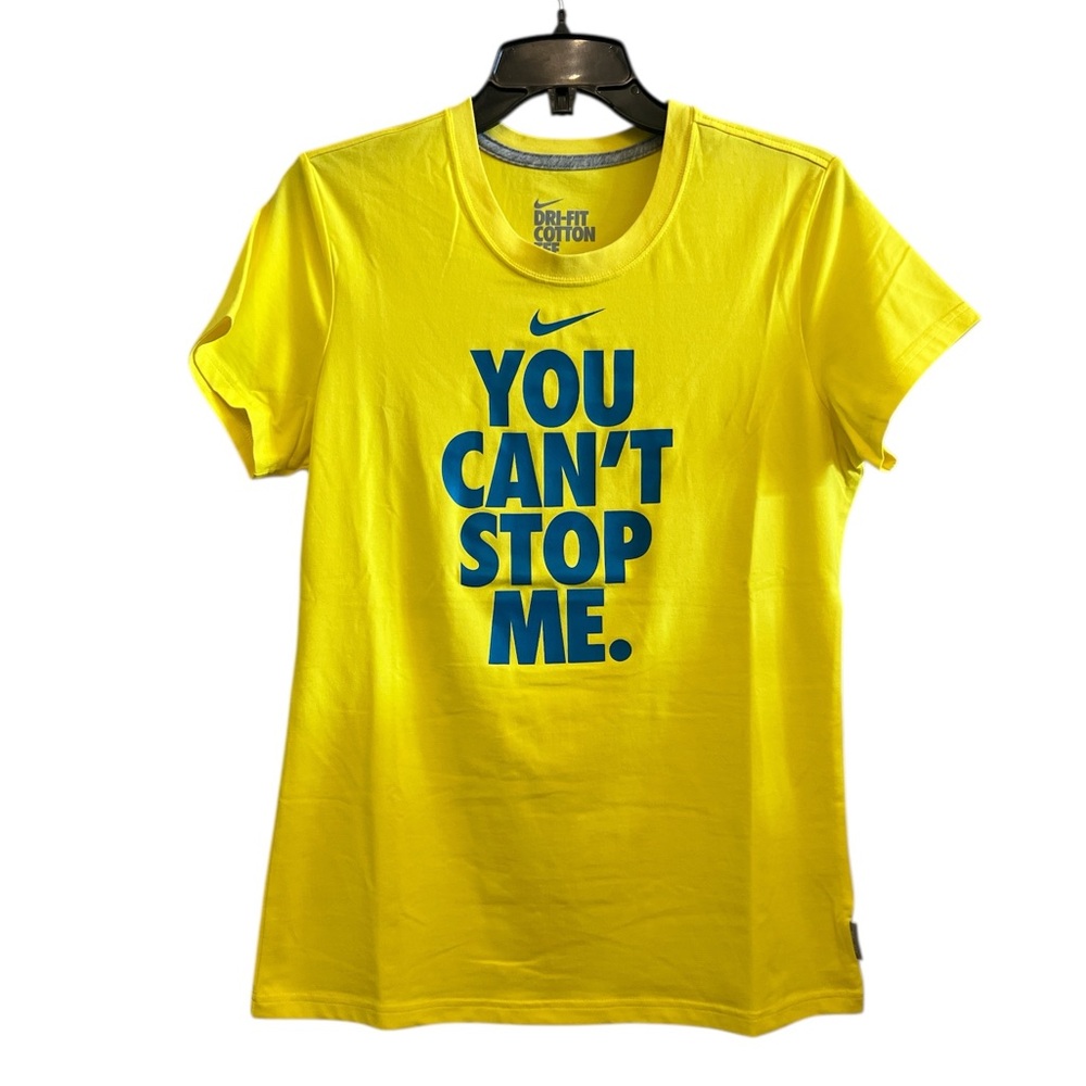 Nike Dri-FIT Bright Yellow Graphic Tee With Blue Text Women’s Size Large
